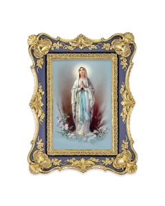 6 1/4" x 8 1/8" Antiqued Dark Blue and Gold Photo Frame with O.L. of Lourdes Print-P65