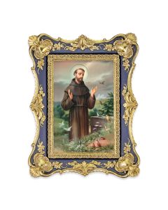 6 1/4" x 8 1/8"  Antiqued Dark Blue and Gold Photo Frame with Saint Francis Print-P65