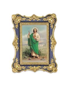 6 1/4" x 8 1/8" Antiqued Dark Blue and Gold Photo Frame with Saint Jude Print-P65