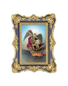 6 1/4" x 8 1/8"  Antiqued Dark Blue and Gold Photo Frame with Saint Michael Print-P65