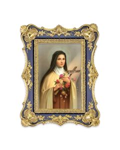6 1/4" x 8 1/8"  Antiqued Dark Blue and Gold Photo Frame with Saint Therese Print-P65