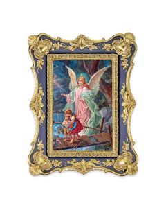 6 1/4" x 8 1/8" Antiqued Dark Blue and Gold Photo Frame with Guardian Angel Print-P65