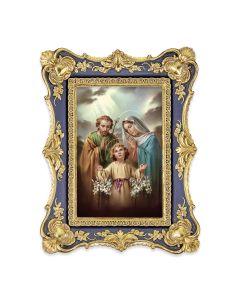 6 1/4" x 8 1/8"  Antiqued Dark Blue and Gold Photo Frame with Holy Family Print-P65