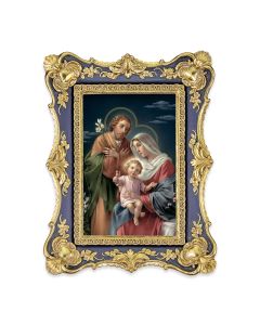 6 1/4" x 8 1/8" Antiqued Dark Blue and Gold Photo Frame with Holy Family Print-P65