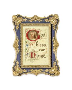 6 1/4" x 8 1/8"  Antiqued Dark Blue and Gold Photo Frame with House Blessing Print-P65