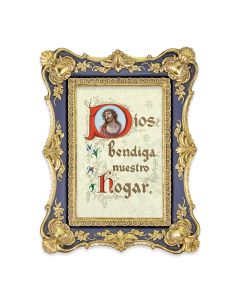 6 1/4" x 8 1/8"  Antiqued Dark Blue and Gold Photo Frame with House Blessing in Spanish Print-P65