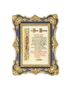 6 1/4" x 8 1/8" Antiqued Dark Blue and Gold Photo Frame with House Blessing Print-P65