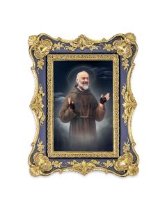 6 1/4" x 8 1/8"  Antiqued Dark Blue and Gold Photo Frame with Saint Pio Print-P65