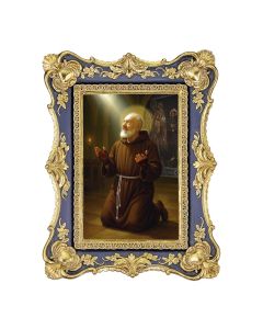 6 1/4" x 8 1/8"  Antiqued Dark Blue and Gold Photo Frame with Saint Pio at Prayer Print- P65