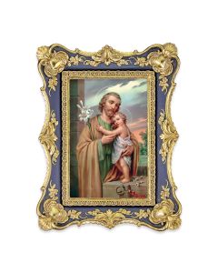 6 1/4" x 8 1/8"  Antiqued Dark Blue and Gold Photo Frame with Saint Joseph Print-P65