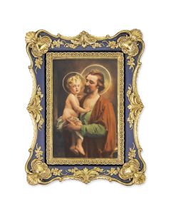 6 1/4" x 8 1/8"  Antiqued Dark Blue and Gold Photo Frame with St. Joseph with Jesus Print-P65