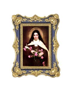 6 1/4" x 8 1/8"  Antiqued Dark Blue and Gold Photo Frame with Chambers: Saint Therese Print- P65