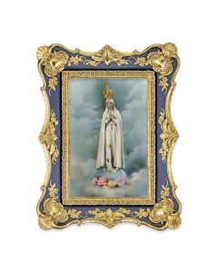 6 1/4" x 8 1/8"  Antiqued Dark Blue and Gold Photo Frame with O.L. of Fatima Print-P65
