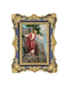 6 1/4" x 8 1/8"  Antiqued Dark Blue and Gold Photo Frame with CHAMBERS: Christ and The Lost Lamb Print - P65