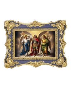 6 1/4" x 8 1/8" Antiqued Dark Blue and Gold Photo Frame with The Three Archangels Print- P65