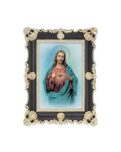 6" x 8"  Antiqued Black and Gold Photo Frame with Sacred Heart of Jesus Print-P65