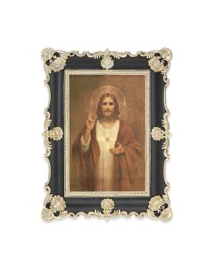 6" x 8"  Antiqued Black and Gold Photo Frame with Chambers: Sacred Heart of Jesus Print-P65