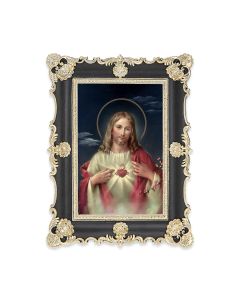 6" x 8"  Antiqued Black and Gold Photo Frame with Sacred Heart of Jesus Print-P65