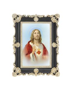 6" x 8" Antiqued Black and Gold Photo Frame with Sacred Heart of Jesus Print- P65