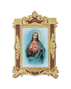 6 1/4" x 9 1/4" Textured Burgundy and Gold Photo Frame with Sacred Heart of Jesus Print-P65