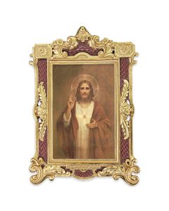 6 1/4" x 9 1/4" Textured Burgundy and Gold Photo Frame with Chambers: Sacred Heart of Jesus Print-P65