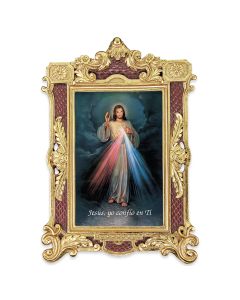6 1/4" x 9 1/4" Textured Burgundy and Gold Photo Frame with Divine Mercy Spanish Print-P65