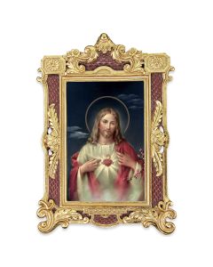6 1/4" x 9 1/4" Textured Burgundy and Gold Photo Frame with Sacred Heart of Jesus Print-P65
