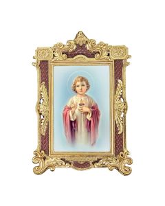 6 1/4" x 9 1/4" Textured Burgundy and Gold Photo Frame with Child Sacred Heart of Jesus Print- P65
