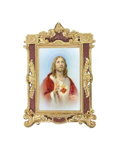 6 1/4" x 9 1/4" Textured Burgundy and Gold Photo Frame with Sacred Heart of Jesus Print- P65