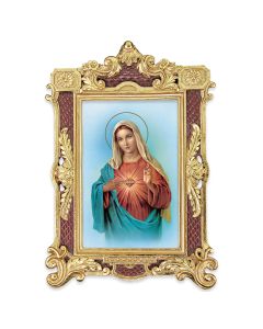 6 1/4" x 9 1/4" Textured Burgundy and Gold Photo Frame with Immaculate Heart of Mary Print-P65