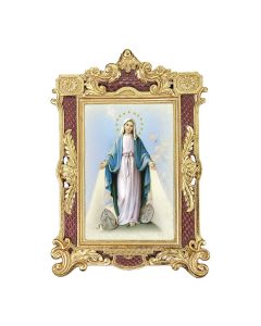 6 1/4" x 9 1/4" Textured Burgundy and Gold Photo Frame with O.L. of The Miraculous Medal Print- P65