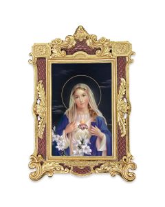6 1/4" x 9 1/4" Textured Burgundy and Gold Photo Frame with Immaculate Heart of Mary Print-P65