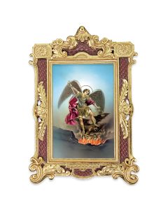 6 1/4" x 9 1/4" Textured Burgundy and Gold Photo Frame with Saint Michael Print-P65