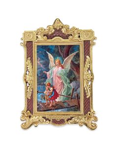 6 1/4" x 9 1/4" Textured Burgundy and Gold Photo Frame with Guardian Angel Print-P65