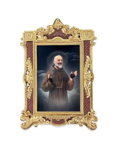 6 1/4" x 9 1/4" Textured Burgundy and Gold Photo Frame with Saint Pio Print-P65