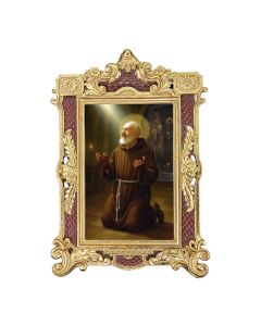 6 1/4" x 9 1/4" Textured Burgundy and Gold Photo Frame with Saint Pio at Prayer Print- P65