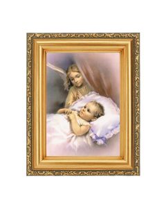 4 1/2" x 5 1/2" Guardian Angel with Infant Print in a 5 1/2" x 7" Antique Gold Frame 