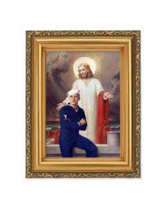 4 1/2" x 5  CHAMBERS:  Jesus with Sailor Print in a 5 1/2" x 7" Antique Gold Frame 