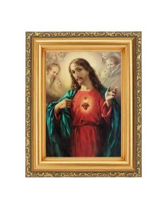 4 1/2" x 5 1/2" French School: Sacred Heart of Jesus Print in a 5 1/2" x 7" Antique Gold Frame 