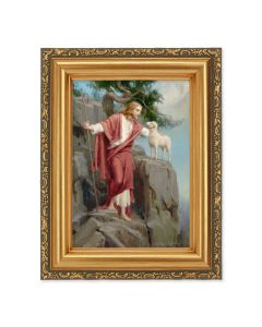 4 1/2" x 5 CHAMBERS: Christ and the Lost Lamb in a 5 1/2" x 7" Antique Gold Frame