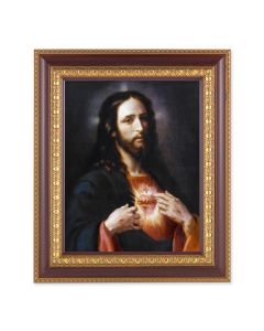 11 1/2" x 13 1/2" Cherry Frame with Gold Trim with an 8" x 10" The Sacred Heart Print