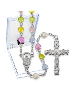 Multicolored Pearlized Heart Shaped Bead Rosary, Boxed-P65