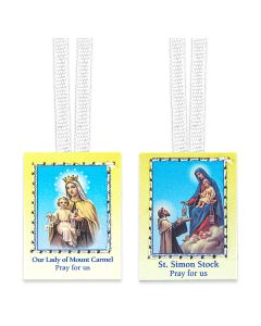 1 1/8" X 1 1/2" Our Lady of Mt. Carmel and St. Simon Stock Scapular with White Cords