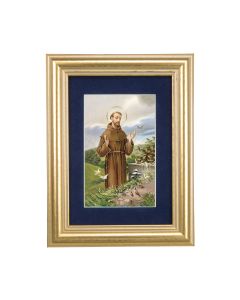 5 1/4" x 6 3/4" Gold Leaf Frame-Navy Blue Matte with a 2 1/2" x 3 3/4" Saint Francis Print