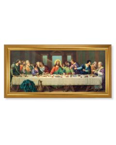 17 1/4" x 33 1/4" Antique Gold Leaf Finished Beveled Frame with 14" x 30" Zabateri: Last Supper Textured Art