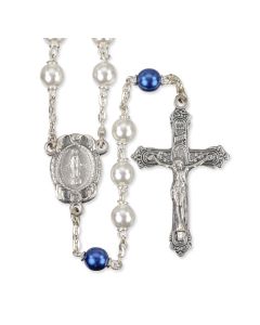 White Pearl Bead Rosary with Blue Our Father Beads