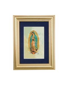 5 1/4" x 6 3/4" Gold Leaf Frame-Navy Blue Matte with a 2 1/2" x 3 3/4" Our Lady of Guadalupe Print