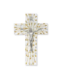 7" Gold and Silver on White Glass Cross with Fine Pewter Corpus-P65
