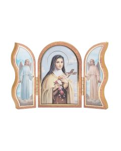 St. Therese Standing Natural Wood Triptych