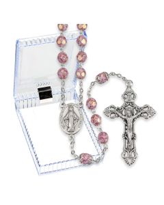Pink Alabaster Luster Glass Bead Rosary, Boxed